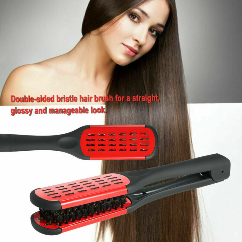 Hair Straightening Comb Double Sided Bristle Hair Brush Clamp Straightener I2V2