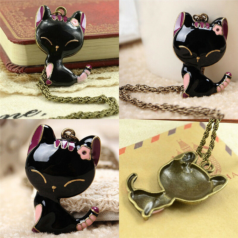 Retro Jewelry Black Drip Paint Smile Cat Pendant Necklace Long Necklac.l8