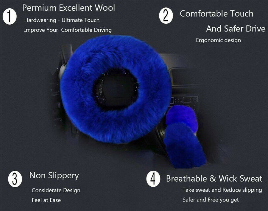 3 Pcs Blue Wool Fur Car Steering Wheel Cover Furry Fluffy Thick Sweat Absorption