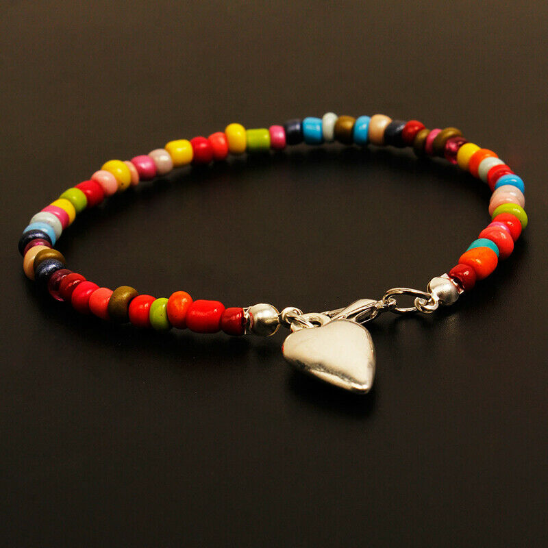 Boho Multicolor Bead Heart Pendant Bracelets Bangle Charm Women Jewelry Gift.DD