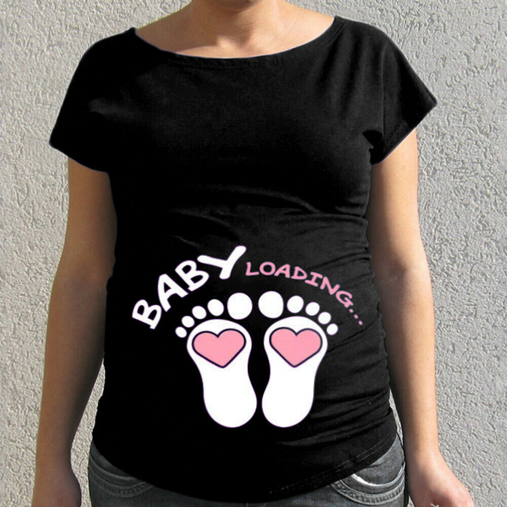 Maternity Pregnant Women Short Sleeve Tops Baby Footprint T-shirt Summer Blouse
