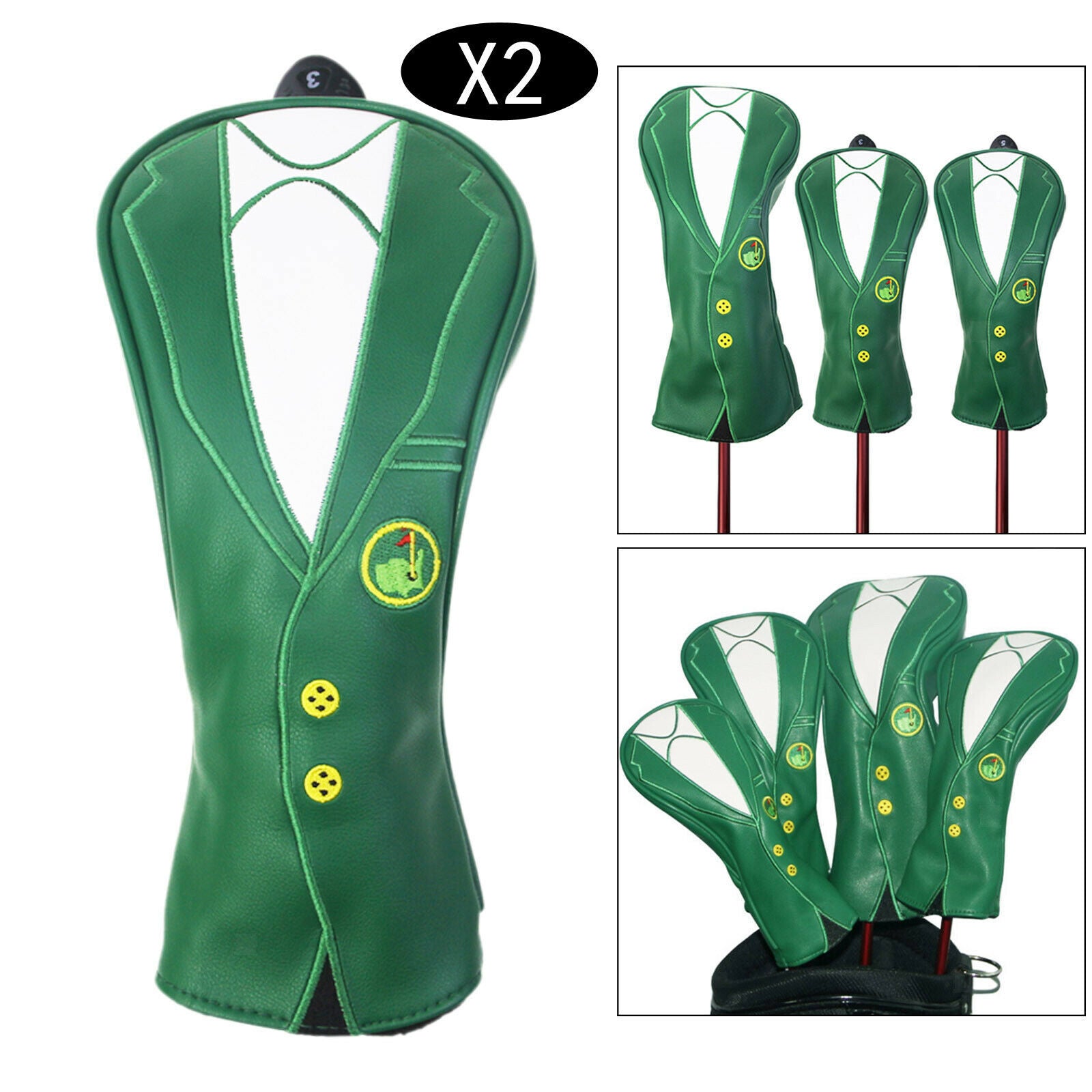 2X Novelty Golf Wood Headcover PU Leather Green Drivers Covers Golfer Gift