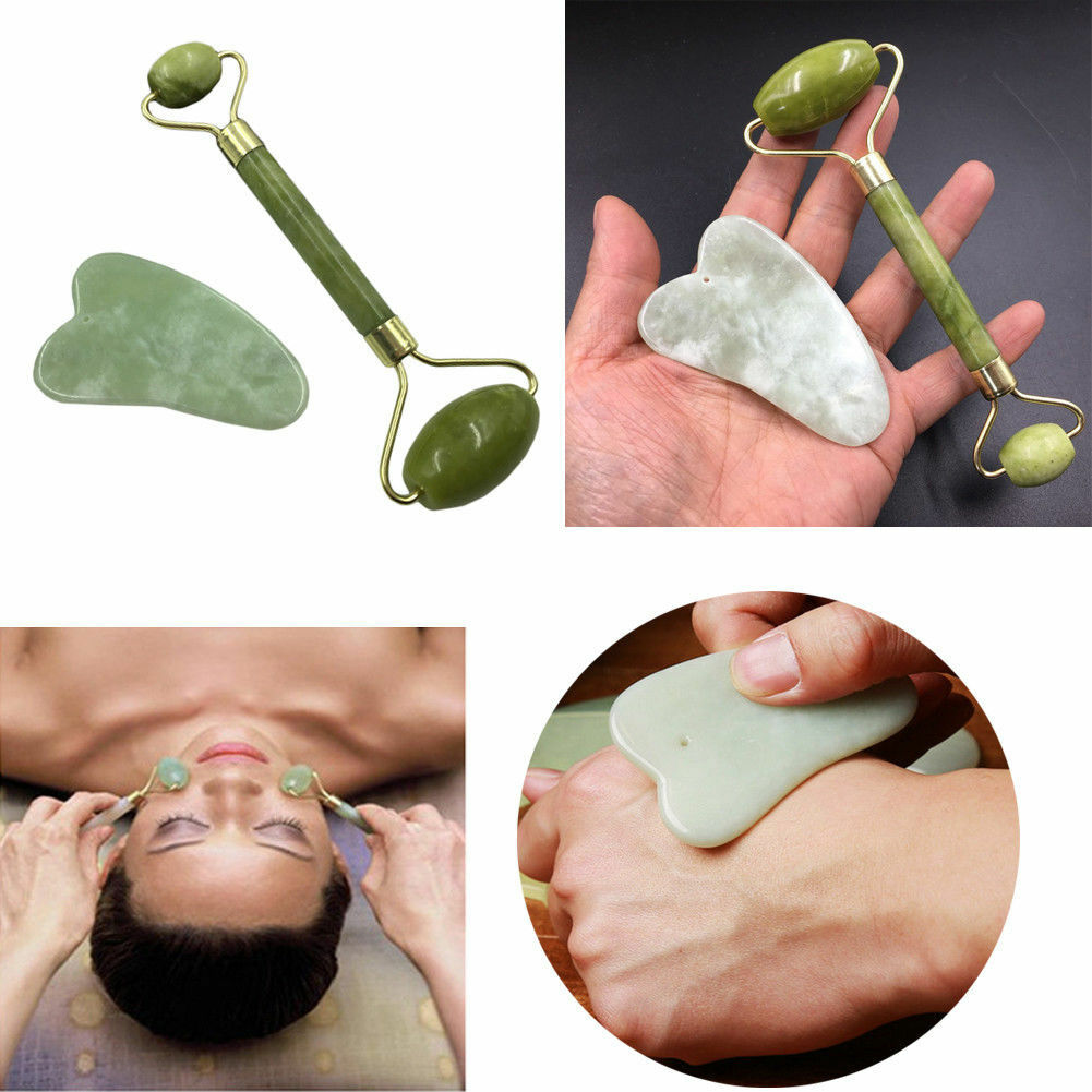 Face Facial Roller Massager + Gua Sha Board Set 100% Natural Jade Stone Crystal