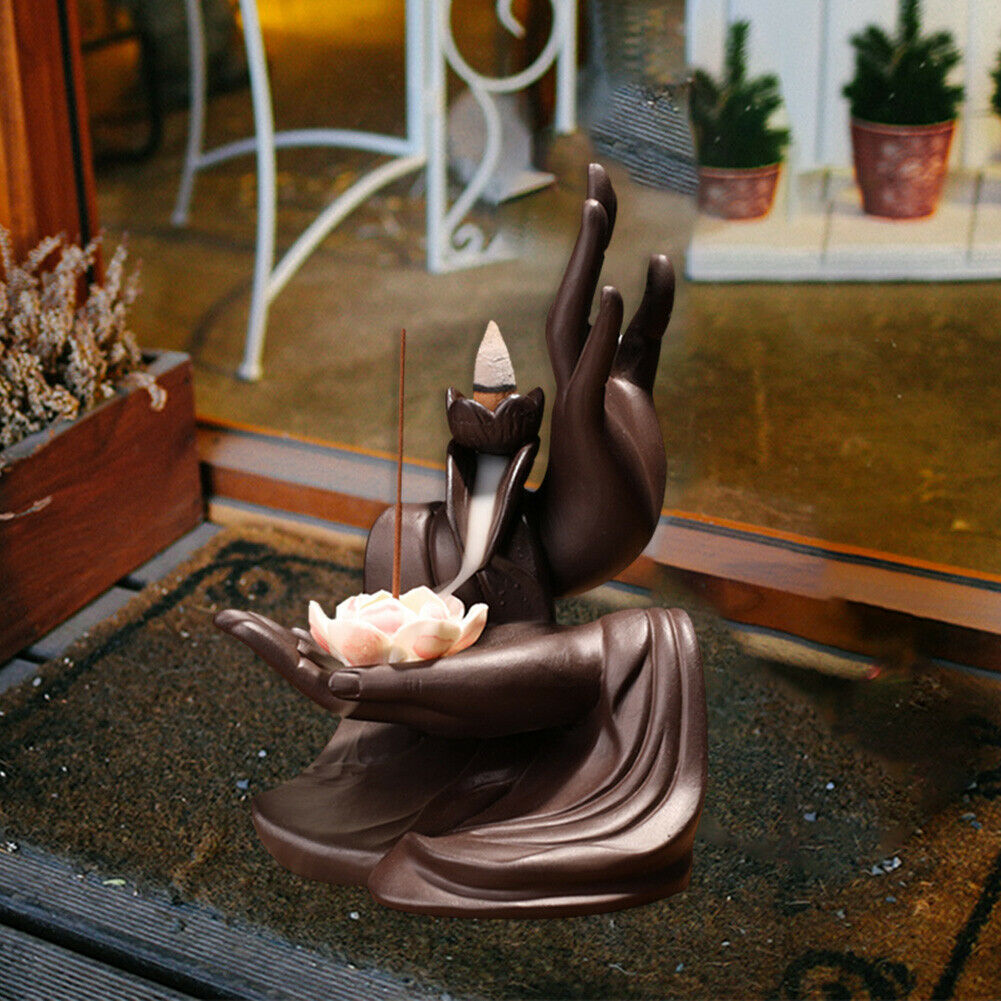 Ceramic Backflow Incense Burner Bergamot Hand Waterfall & 20 Cones Gift Decor @