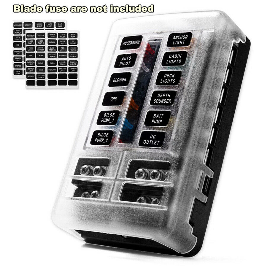 12-way Fuse Holder Box Car Truck Marine Boat Blade Block Fuse Box LED Indicator