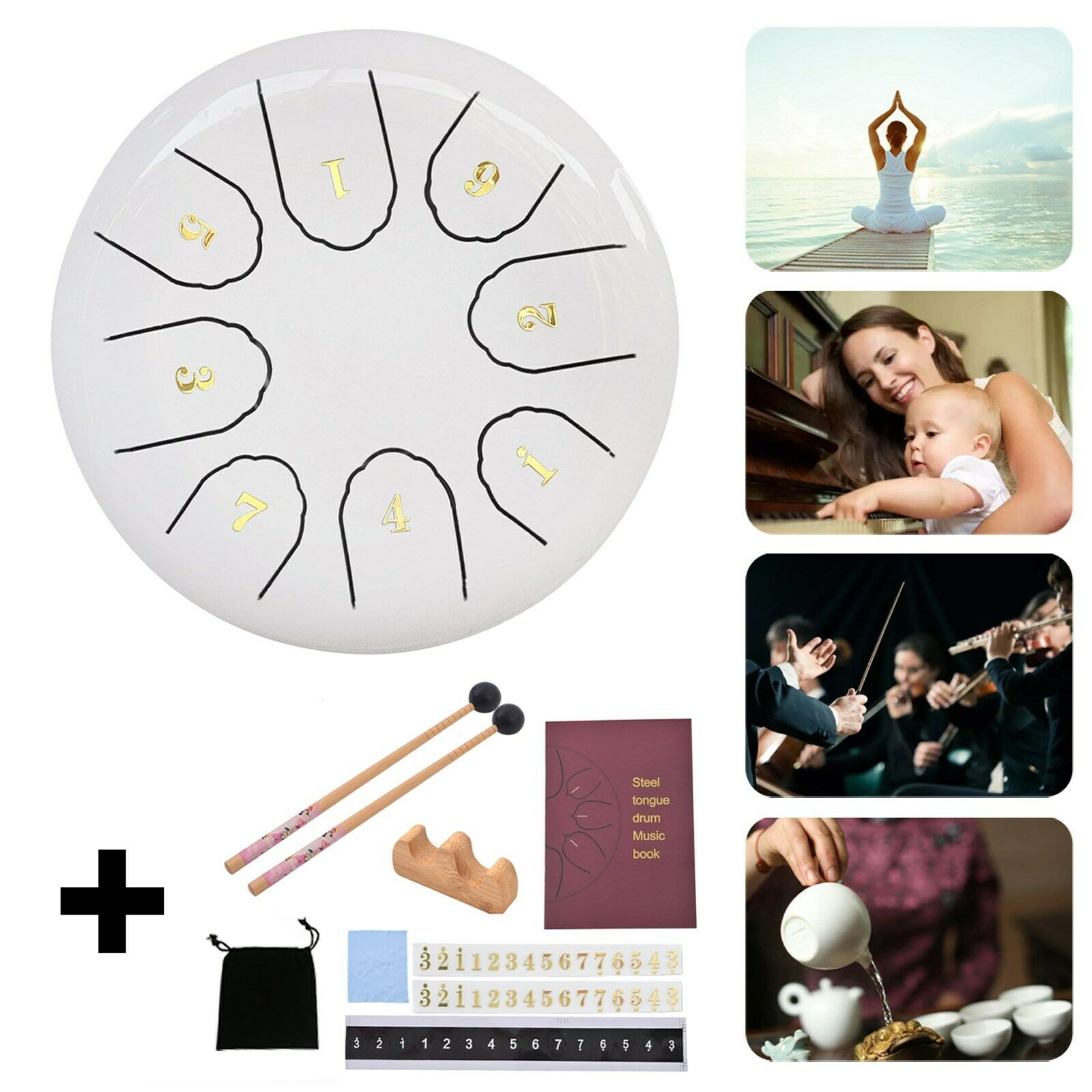 6" Steel Tongue Drum Handpan Drum 8 Notes White Meditation with Bag Music Book