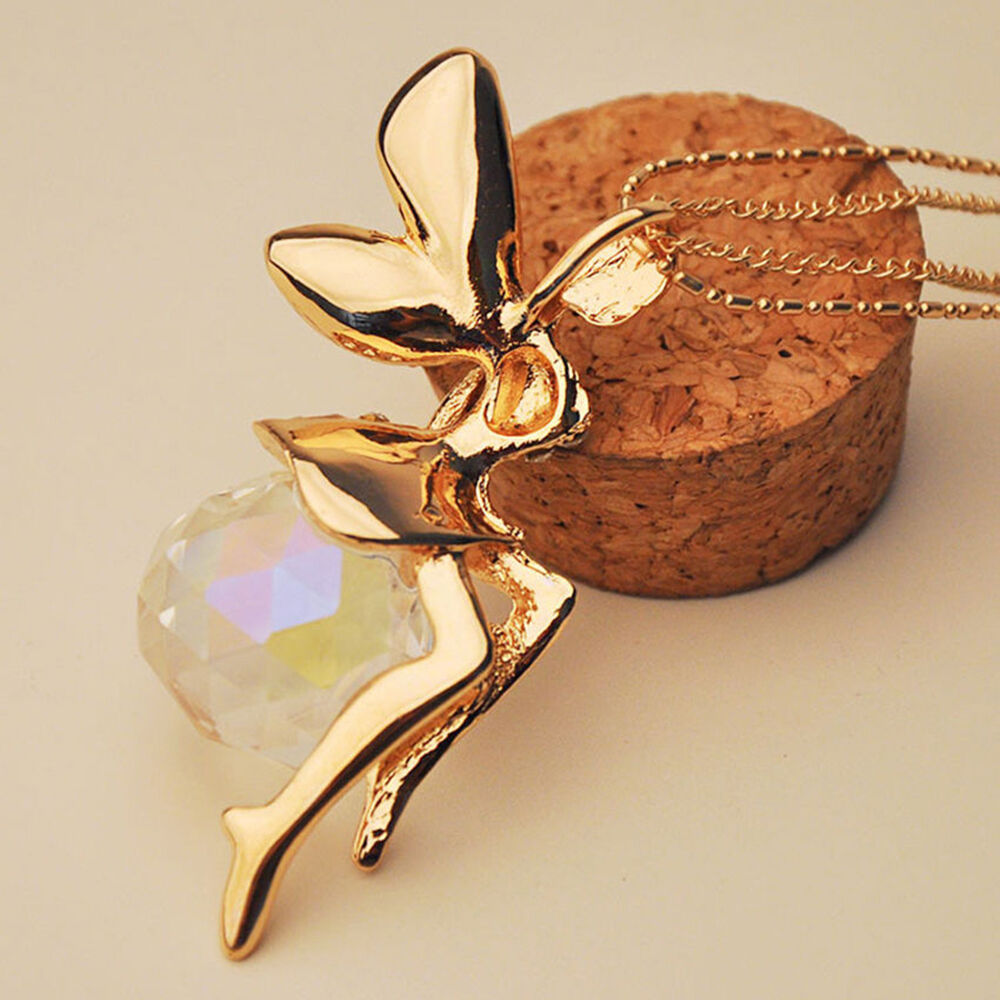Fashion Women Fairy Angel Wing Crystal Pendant Long Chain Sweater Necklace Gift
