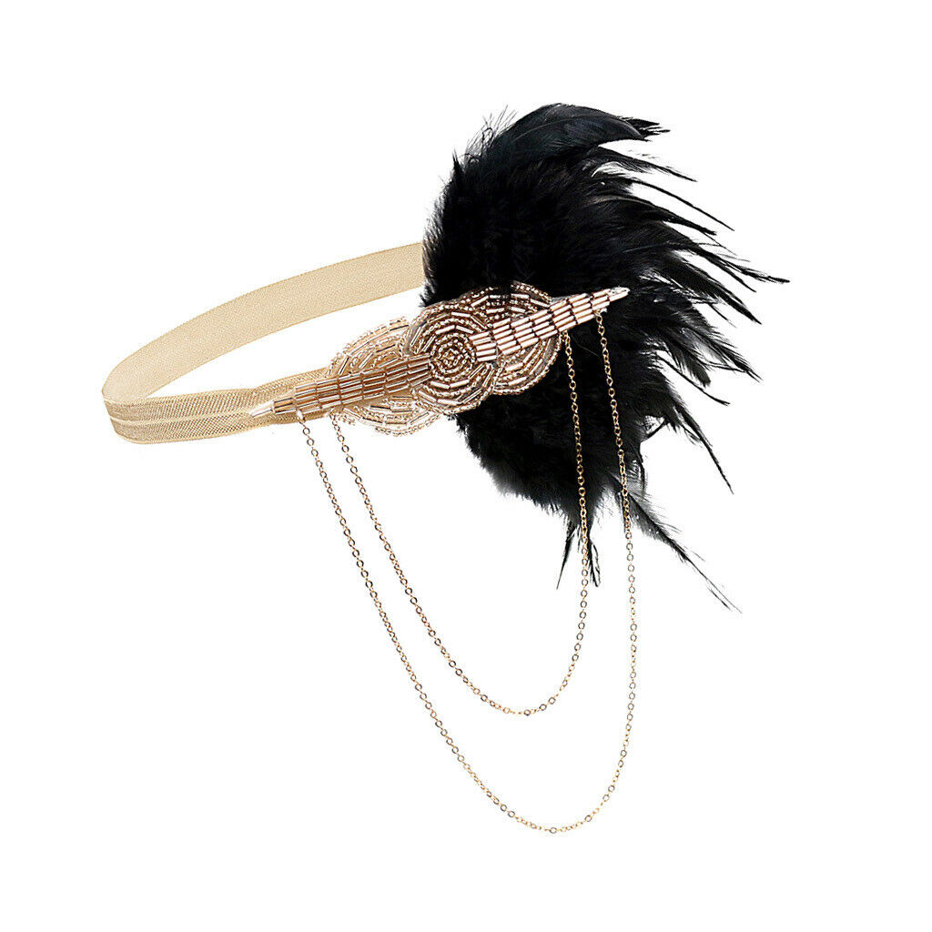 Feather Tassel Beads Flapper Headband 1920s Charleston Headpiece Champagne 2