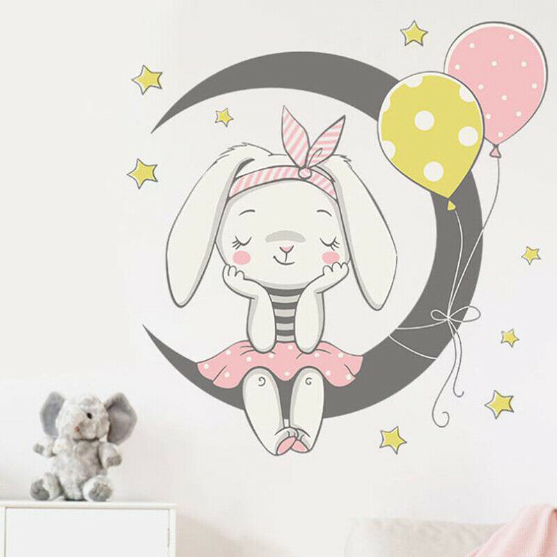 Cartoon Moon Bunny Wall Stickers Paper Kids Room Home Decor Background St.l8