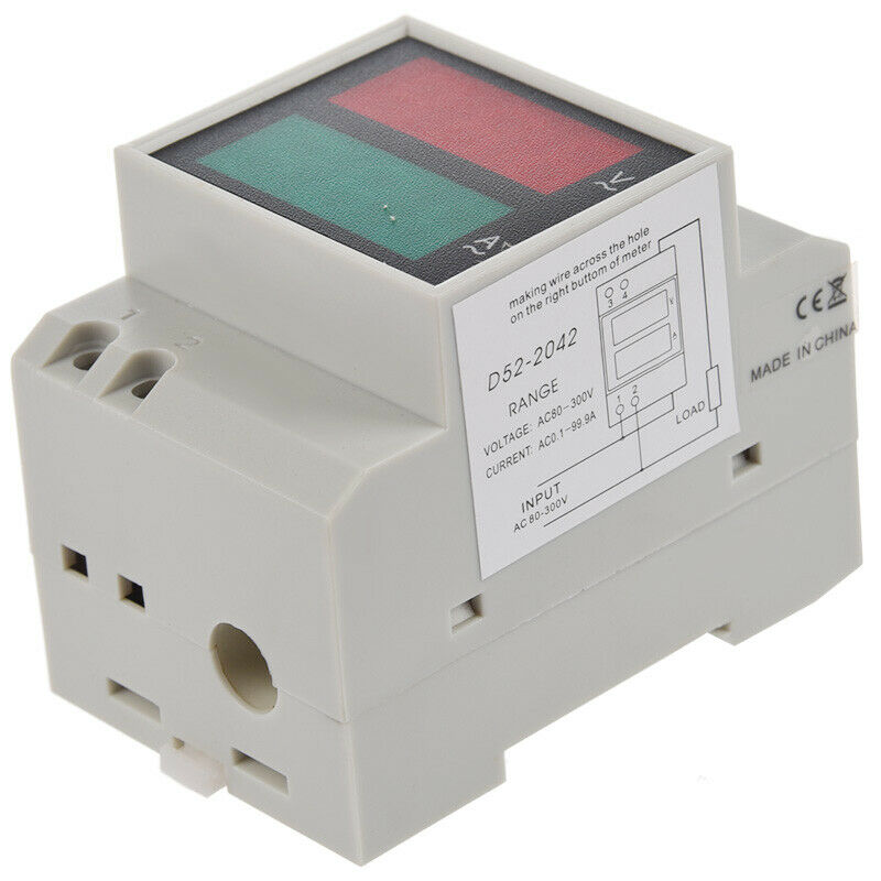 Din-Rail AC 110V/220V Digital Voltmeter Ammeter Red Volt Green Amp Meter LED DR9