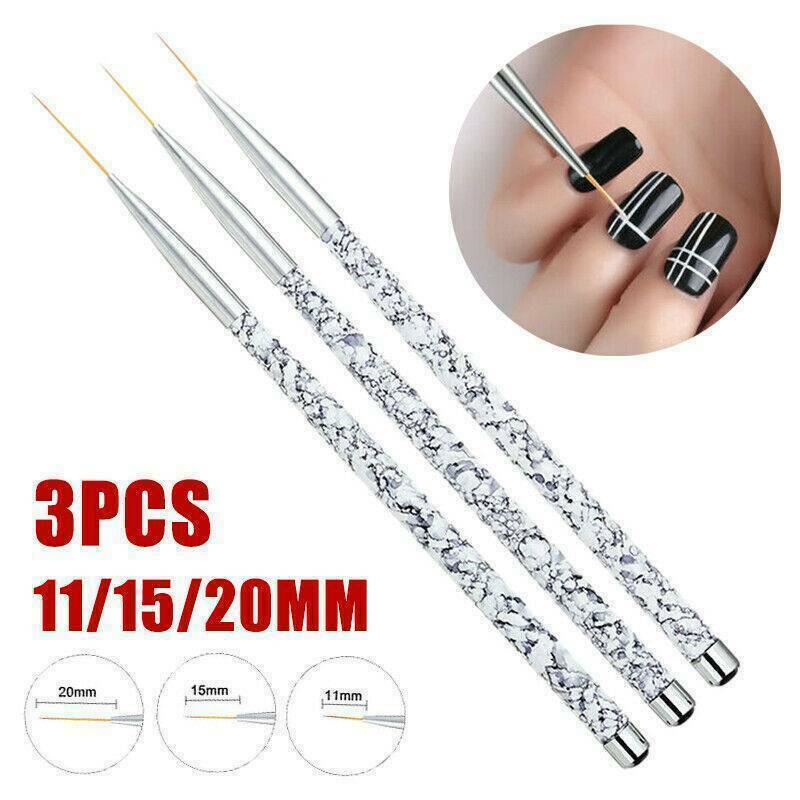 3Pcs Acrylic Nail Brushes Set Marble Handle Liner Painting Pen Nail Art Tools