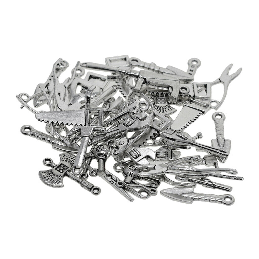 50Pcs Metal Mixed Tools Charms Pendant, Hammer Piler Wrench Charm Pendant,