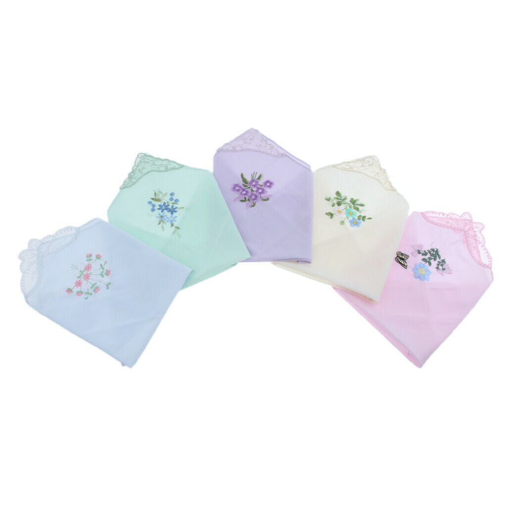 Ladies Womens Cotton Handkerchief Floral Embroidered with Lace 5 Pack - Assorted