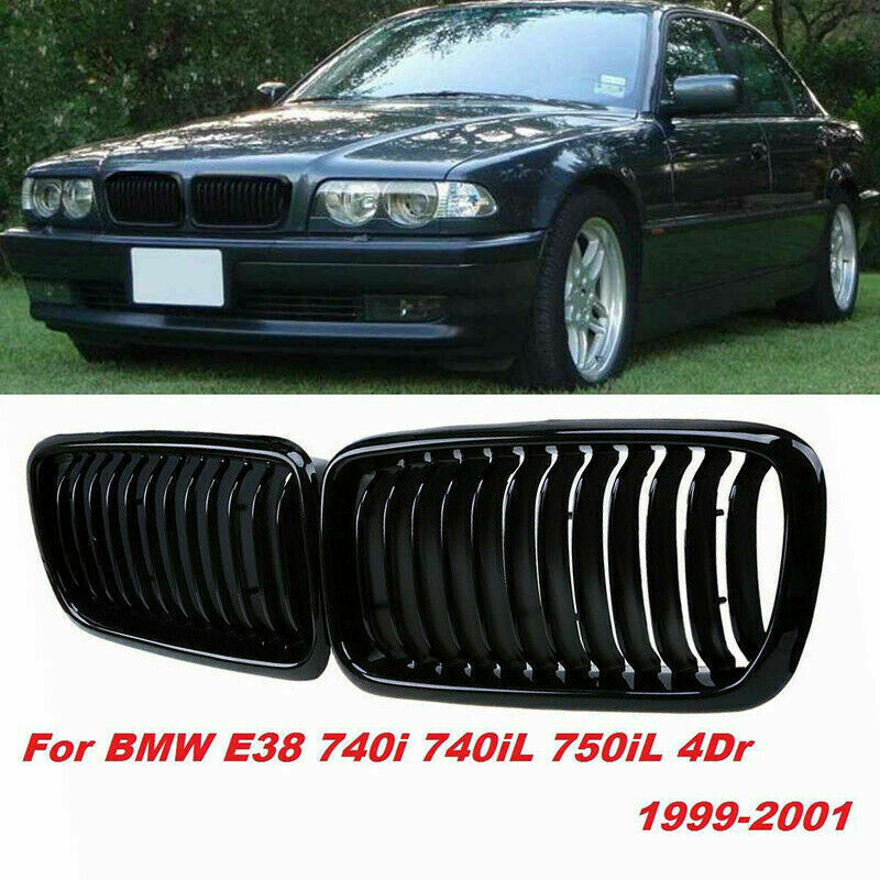 Pair Gloss Black Front Kidney Grill Grille Fit For BMW E38 740iL 750iL 1995-2001