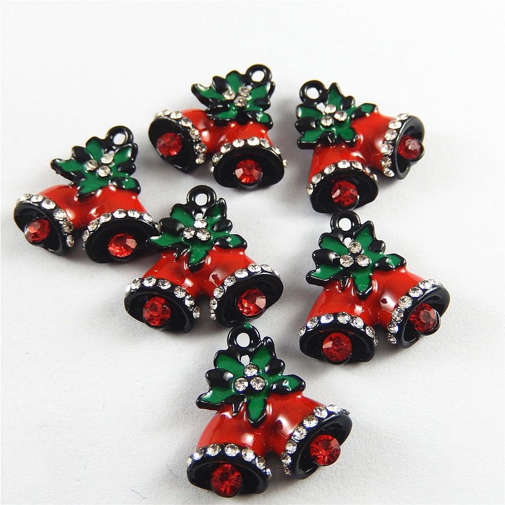 10 pcs Christmas Crystal Enamel Zinc Alloy Jingle Bell Charms Pendant Findings