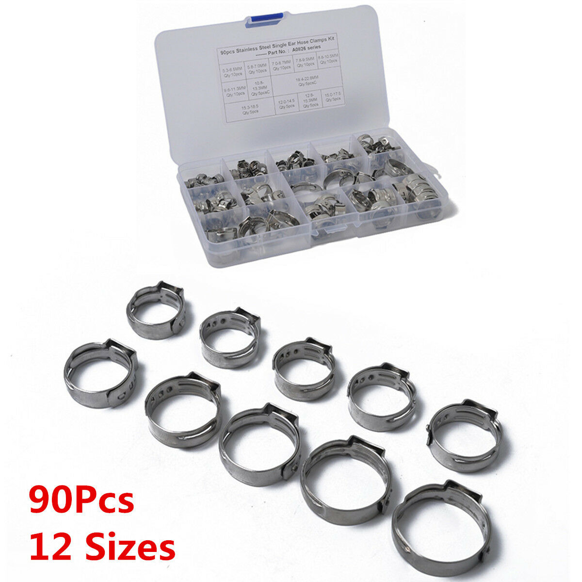 90pc Single Ear Plus Stainless Steel Hydraulic Hose Clamps O-Clips Pipe Fuel Air