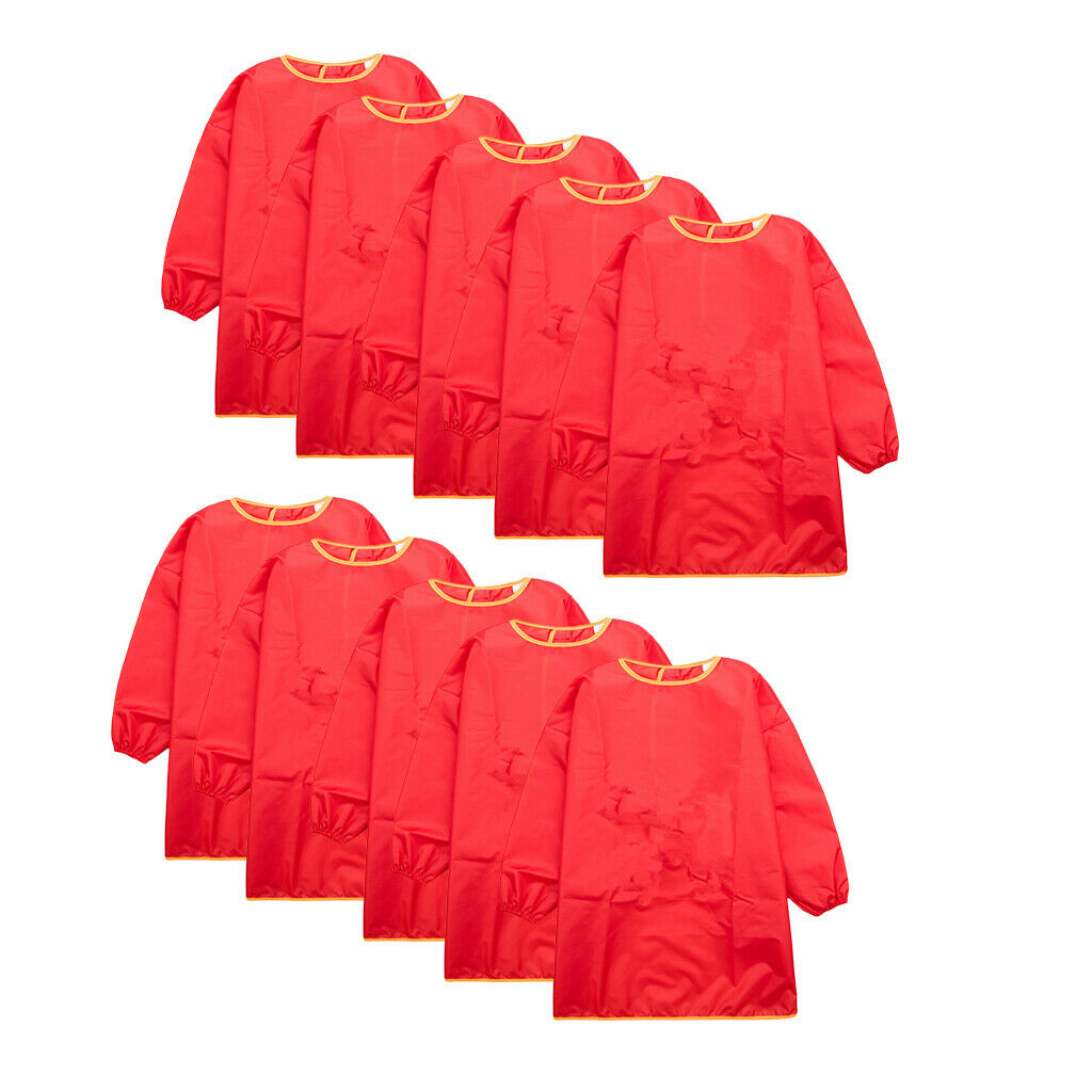 10 Pieces Long Sleeve Red Kids Aprons Bibs Drawing Smocks for 90-100cm