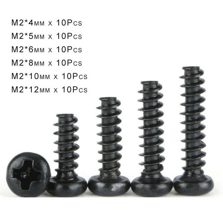 60pc M2*4-12mm Phillips Pan Head Self Tapping Screws Flat Tail Kit Zinc Plated