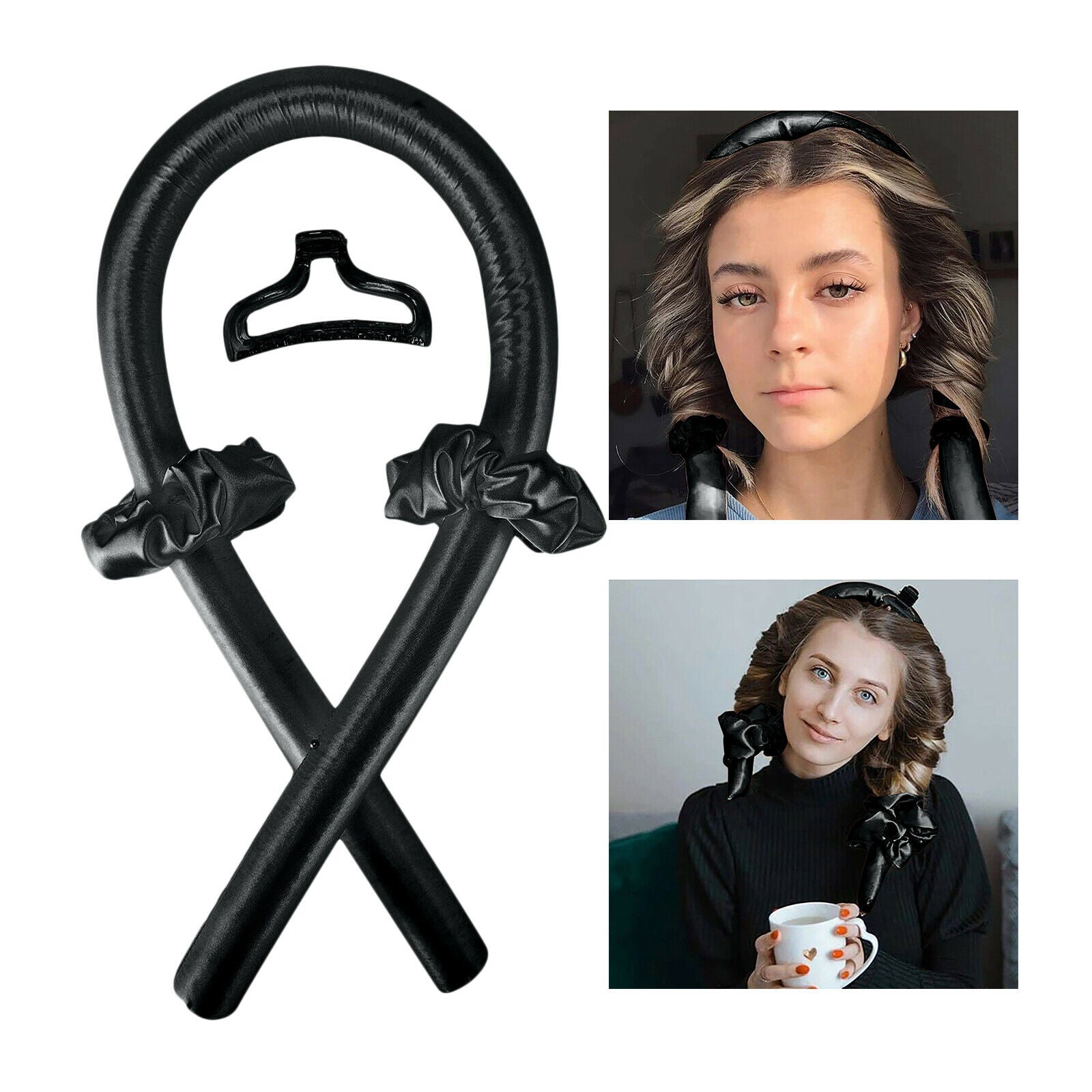 3x Heatless Curling Rod Headband Silk Ribbon Formers DIY Hair Styling Black