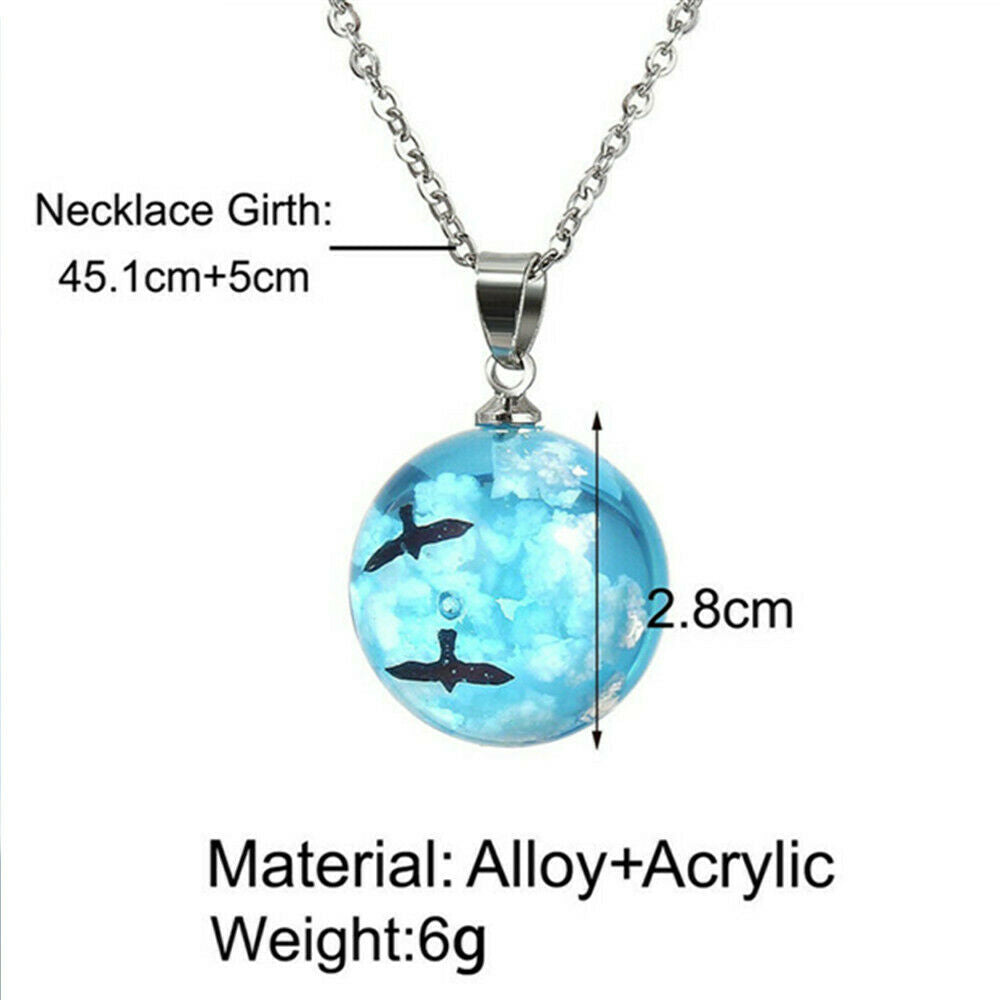 Charm White Clouds Blue Sky Birds Glass Ball Pendant Necklace Terrarium 2.8cm