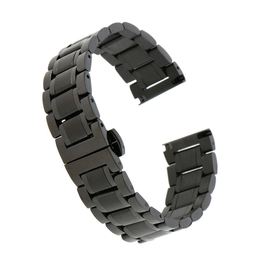 Men's Stainless Steel Watch Band Strap Bracelet Double Clasp Black 20mm