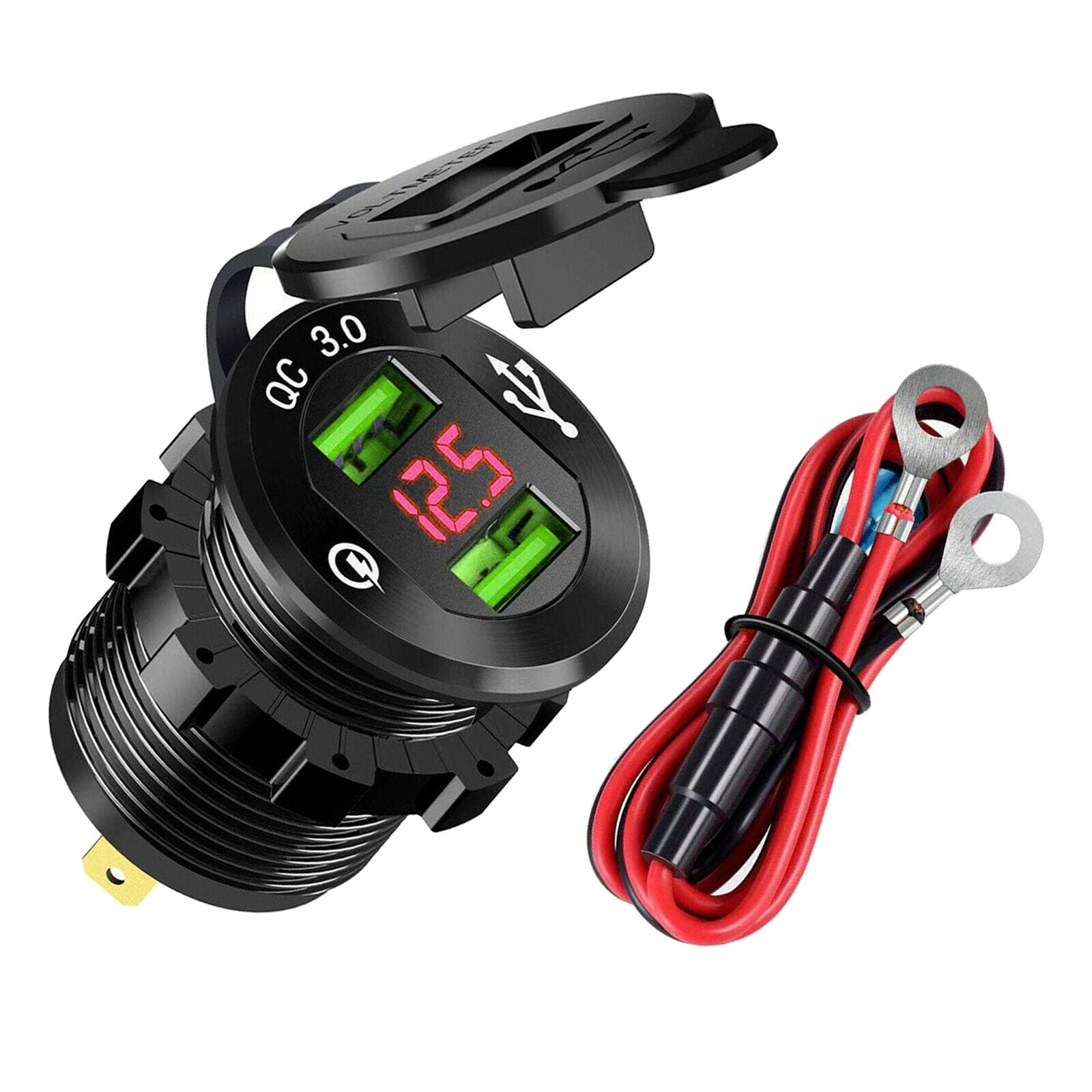 Quick Charge Car Charger Socket QC3.0 Socket LED Voltmeter Boat Black+Red
