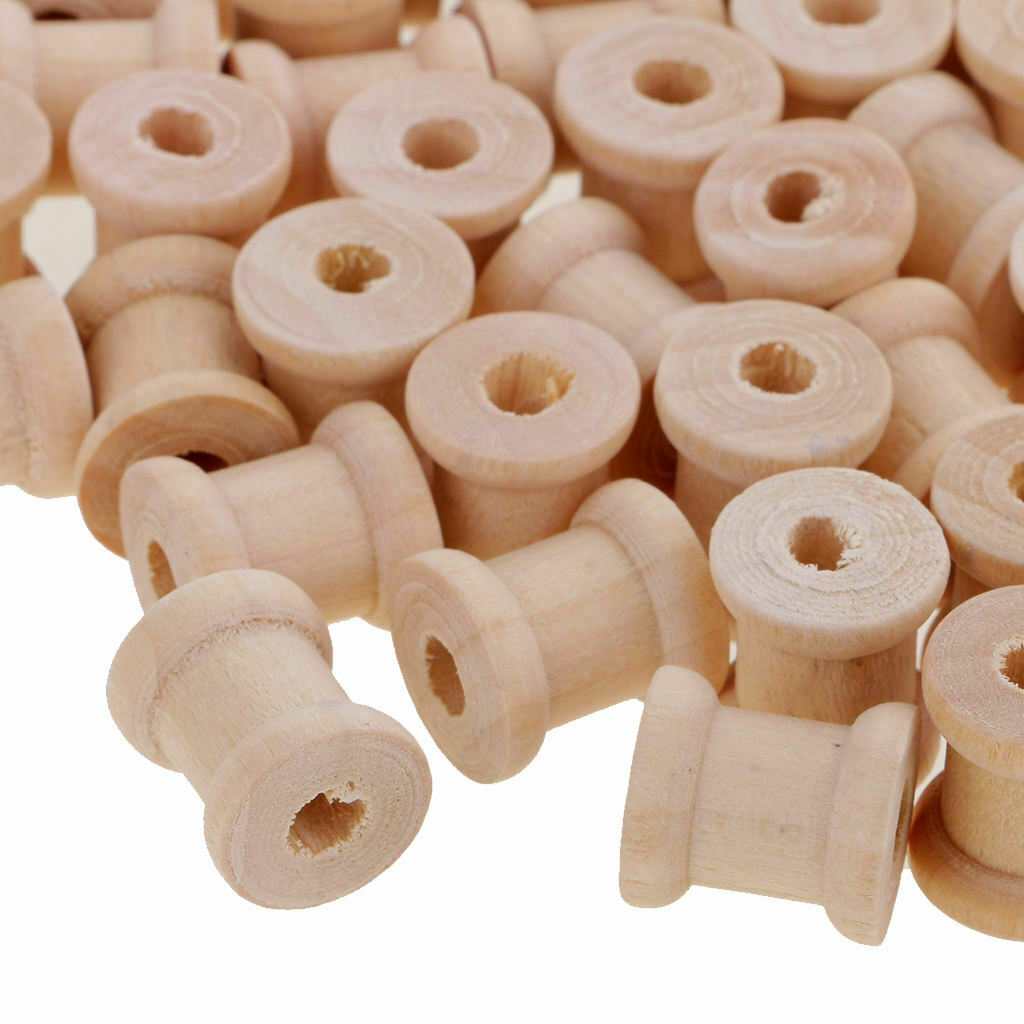 100 Pieces Mini Natural Color Wooden Empty Spools for Thread Ribbons Trims