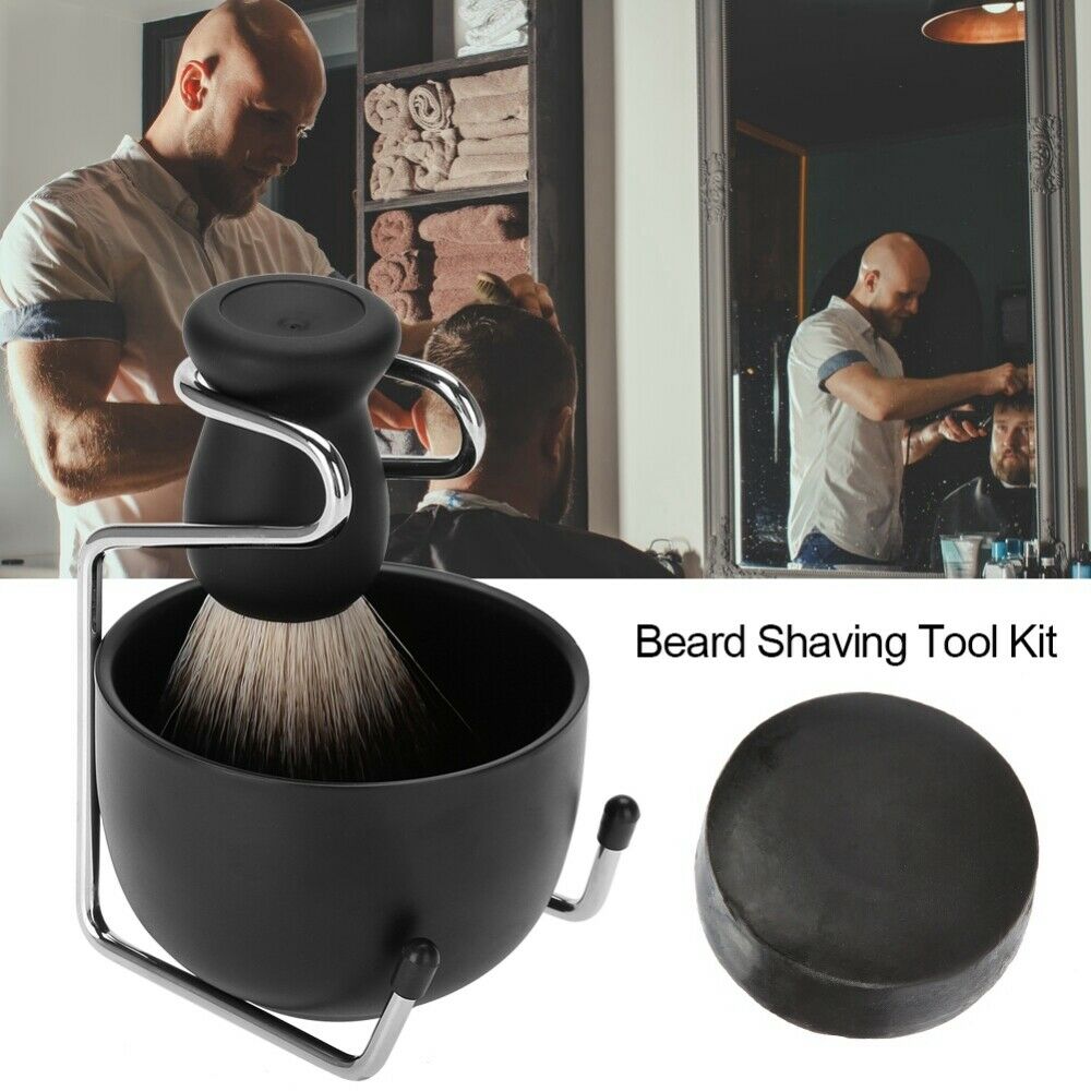 new4Pcs Men Beard Shaving Barber Tools Kit Brush+Stand+Soap+Bowl Salon Supplies