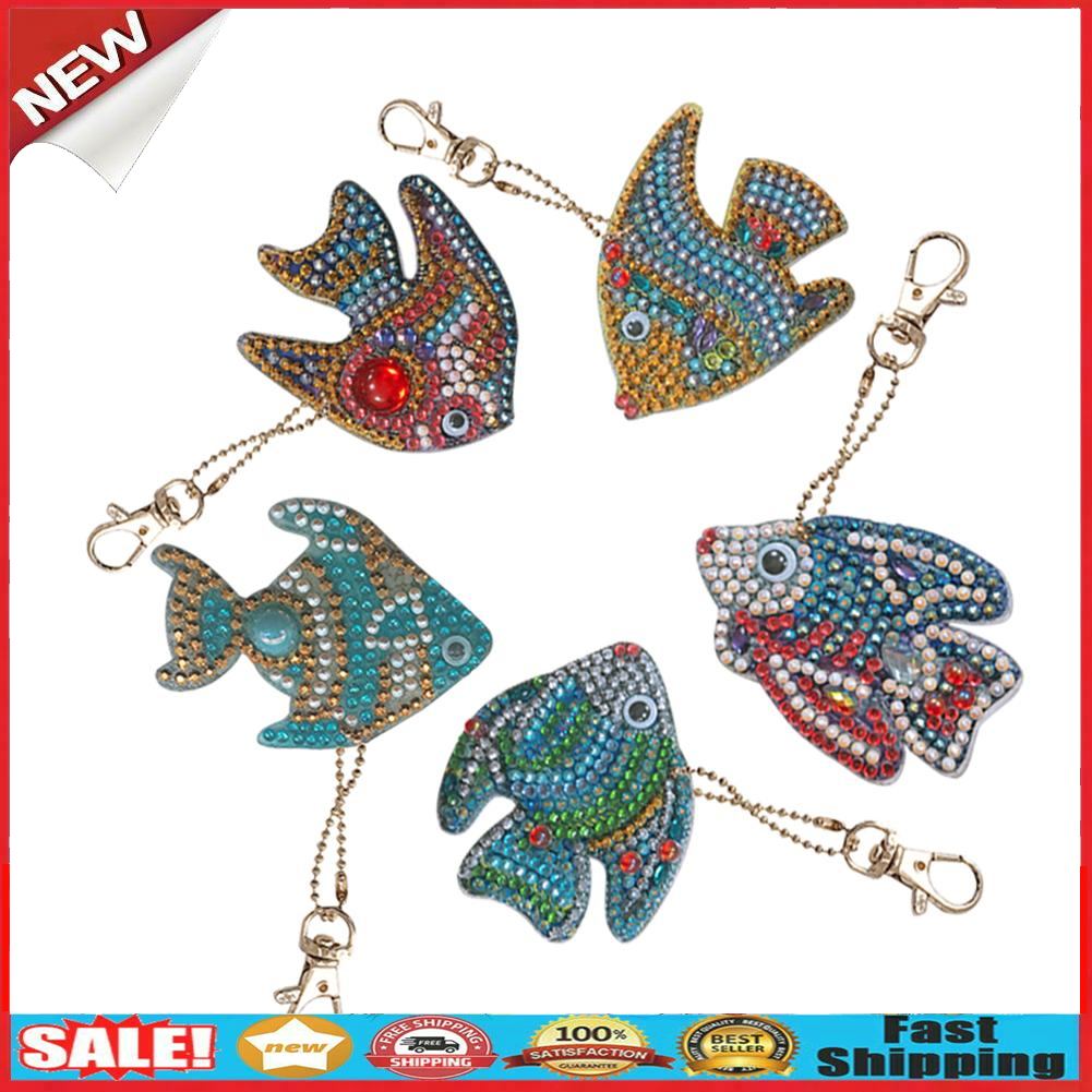 5pcs DIY Cartoon Fish Diamond Painting Keyring Cross Stitch Keychain Decor @