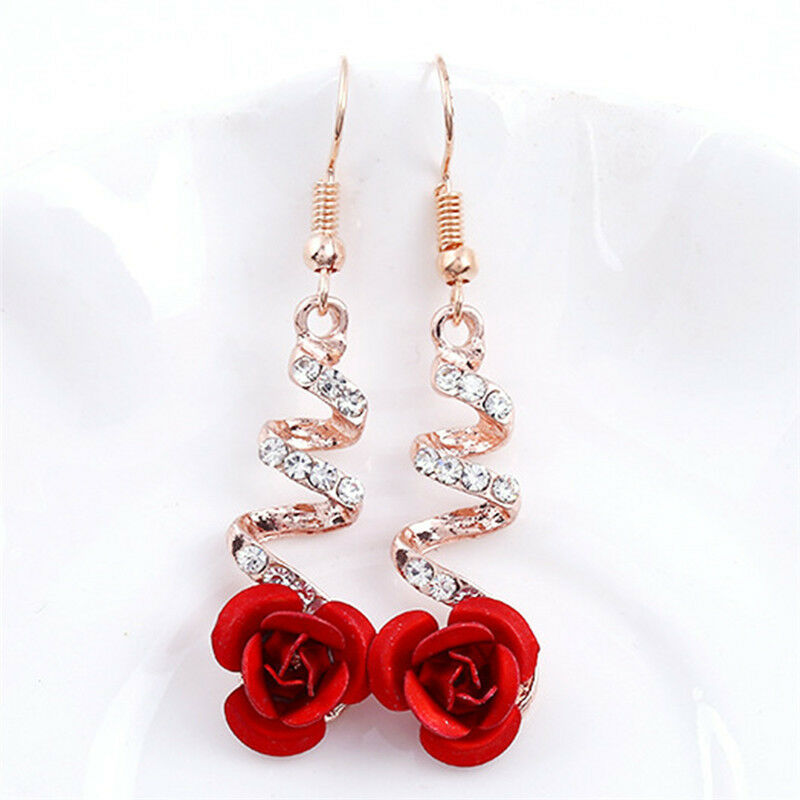 Red Rose Flower Crystal Dangle Drop Earrings Hook Party Bridal Earring Jewel Qx