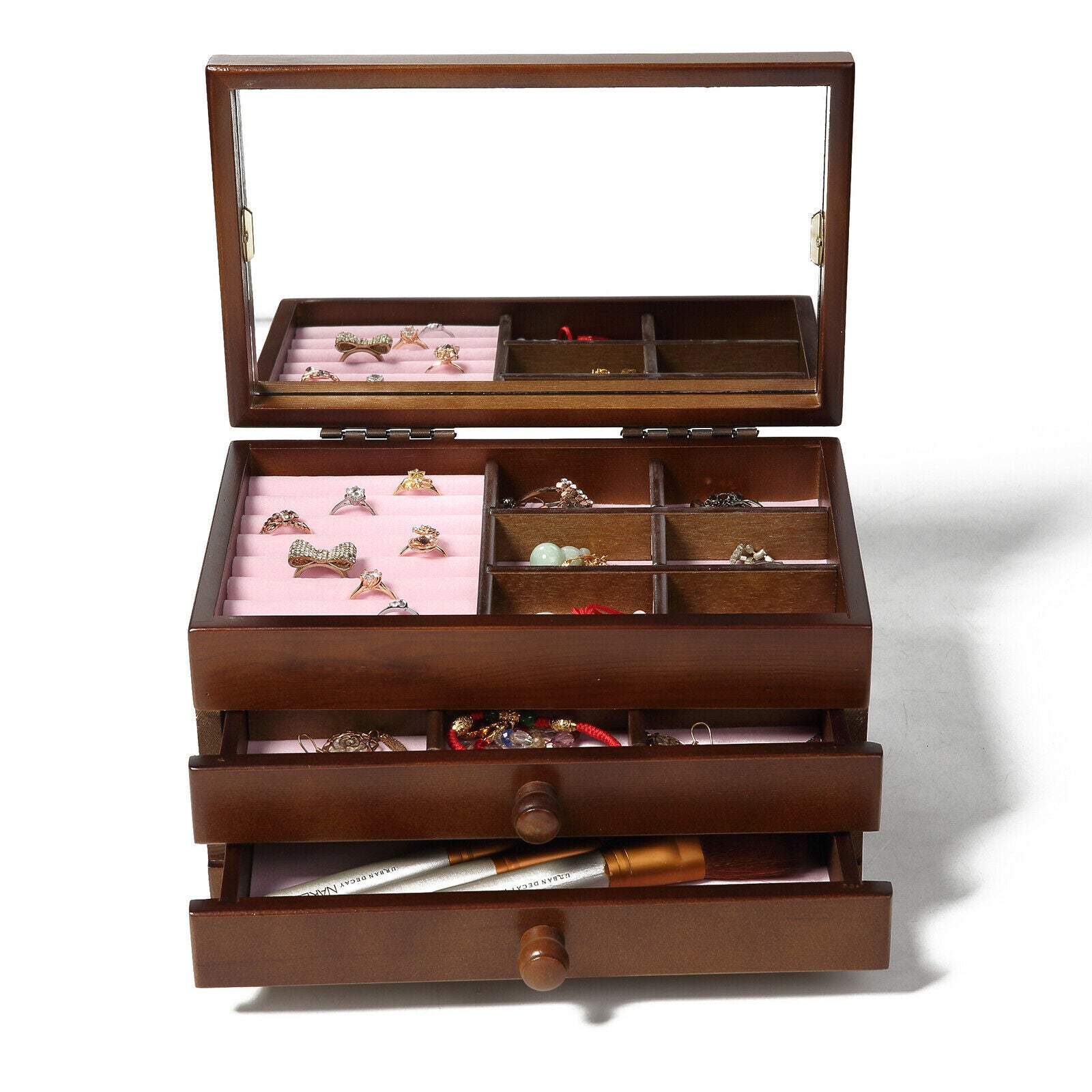 Wooden Jewelry Box Earrings Organizer Case with Mirror & Drawer for Women