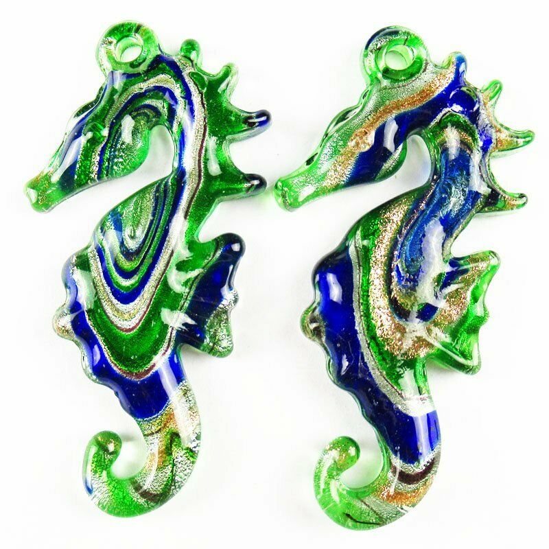 2Pcs Rainbow Inlaid Lampwork Gslass Sea Horse Pendant 28g 68x34x6mm A-408DP