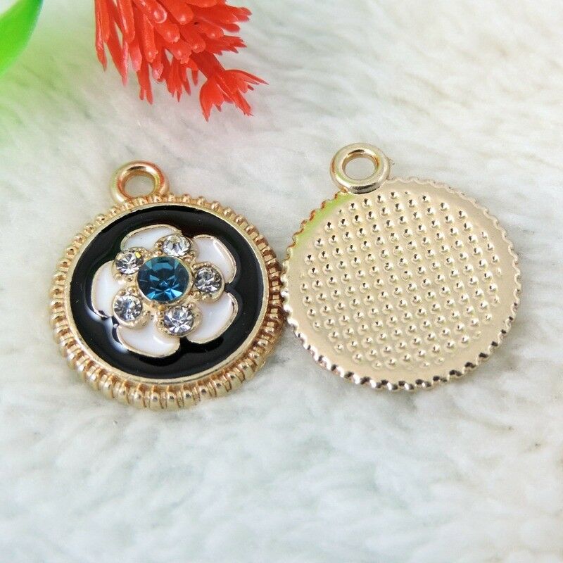 6 PCS Golden Alloy Flower Enamel Charm Rhinestone Round Pendant Jewelry 20*17mm