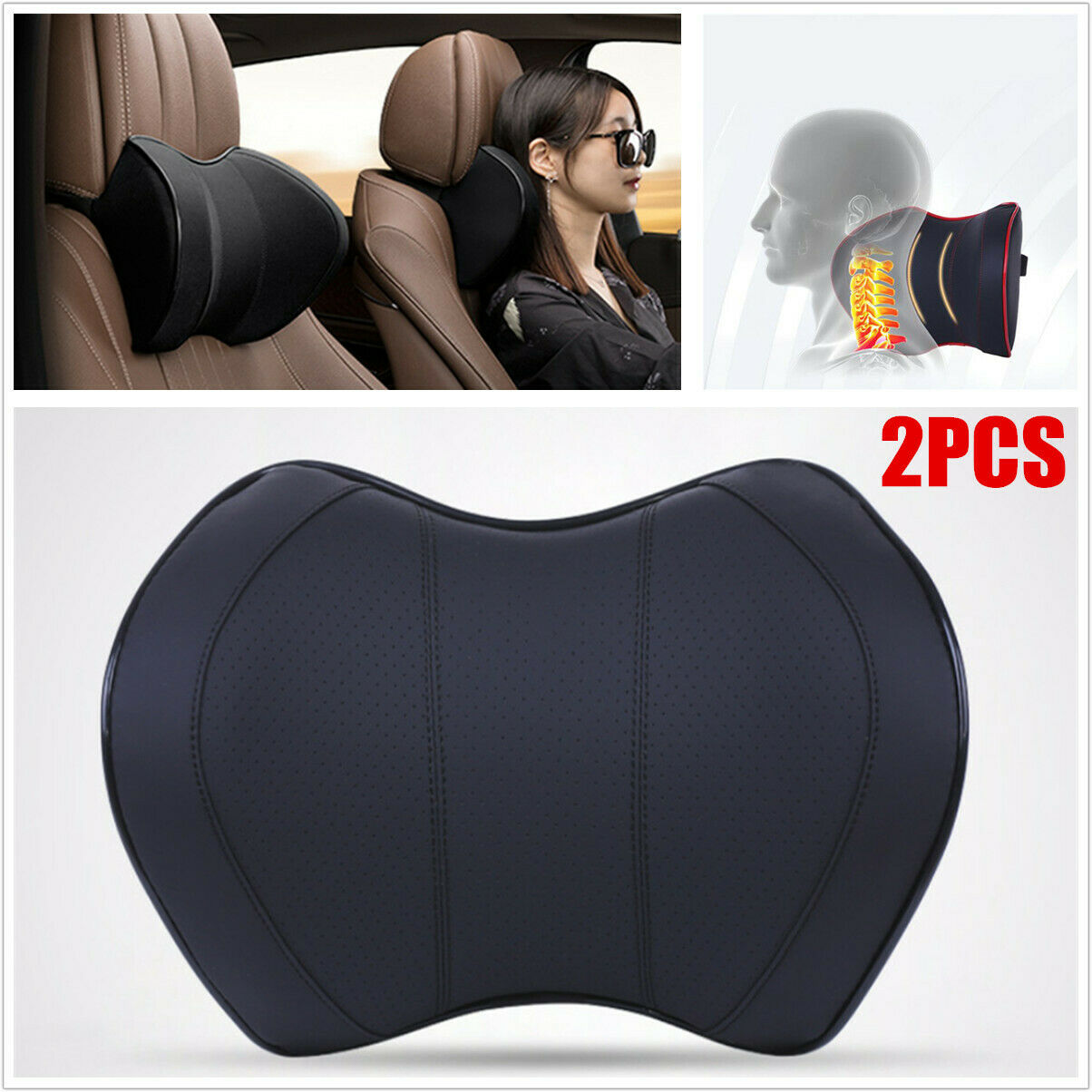 2pc Black Leather Car Seat Neck Pillow Auto Memory Foam Headrest Travel Cushion