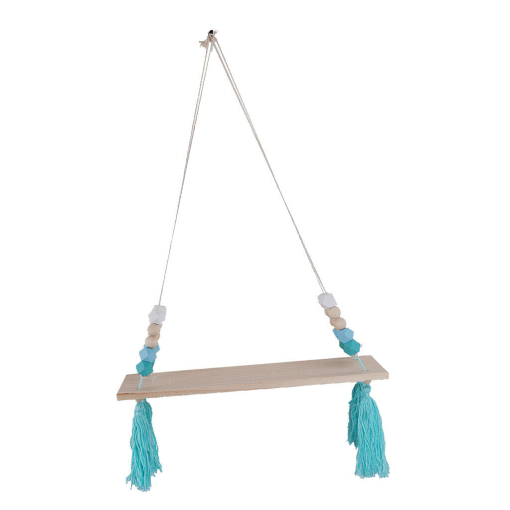 Wall Hanging Wood Swing Floating Shelf Kids Room Blue White Bead Blue Tassel