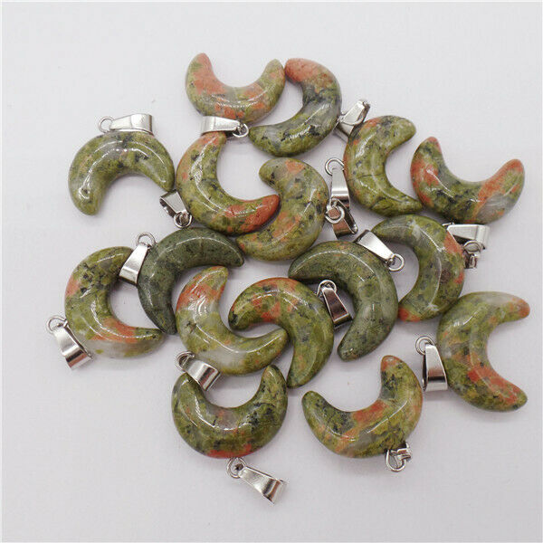 15Pcs 20x15x7mm Natural Green Unakite Jasper Crescent Moon Pendant Bead HH9548
