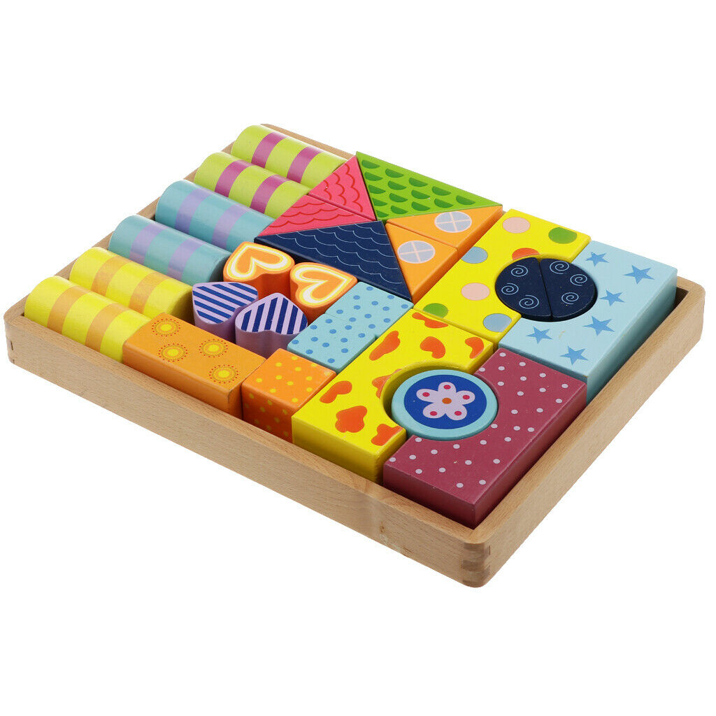Classic Wooden Stripe Building Blocks Set w/ Storage Tray, Basic Build & Play
