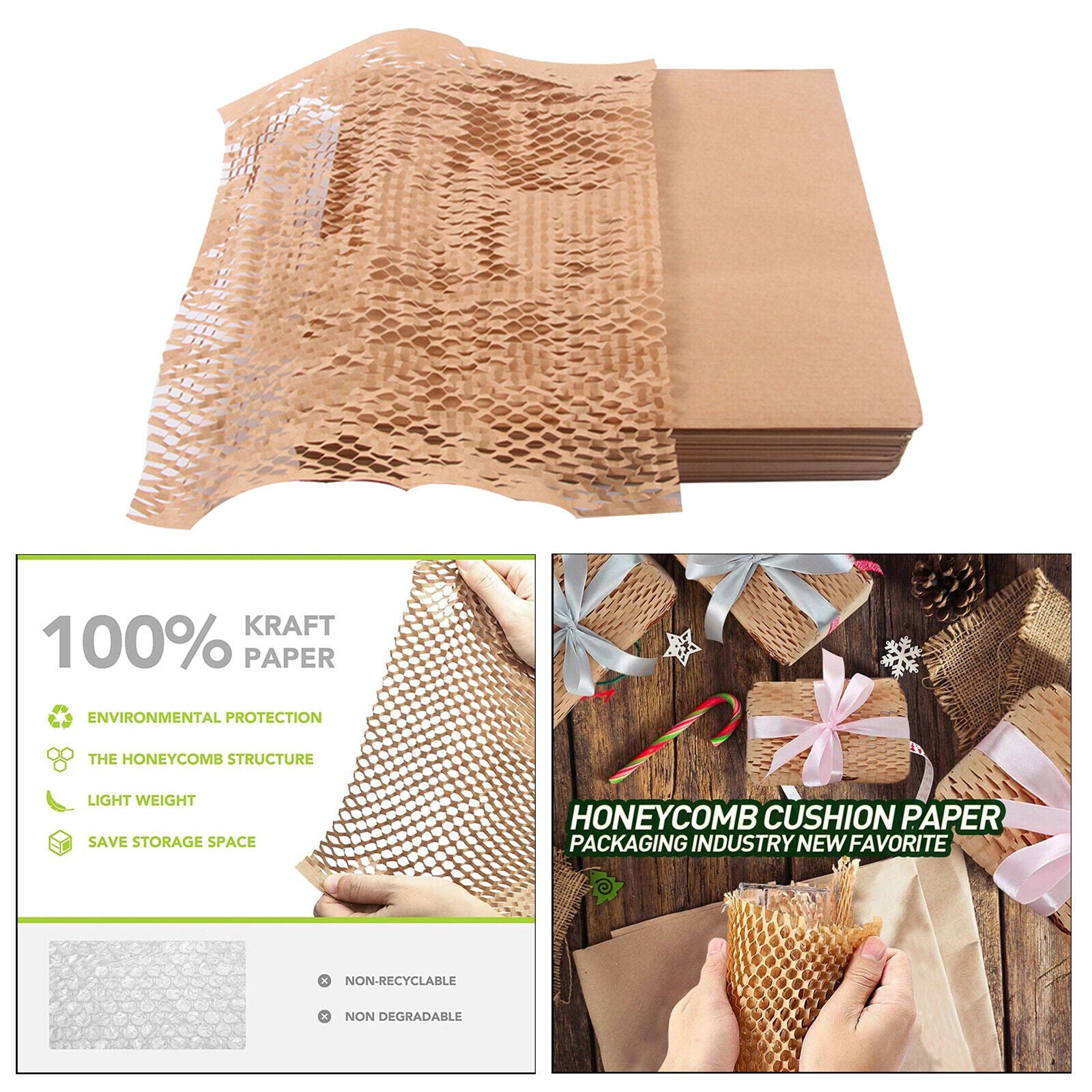 100 Sheets Honeycomb Padding Paper, Eco-Friendly Bubble Kraft Paper Wrapping for