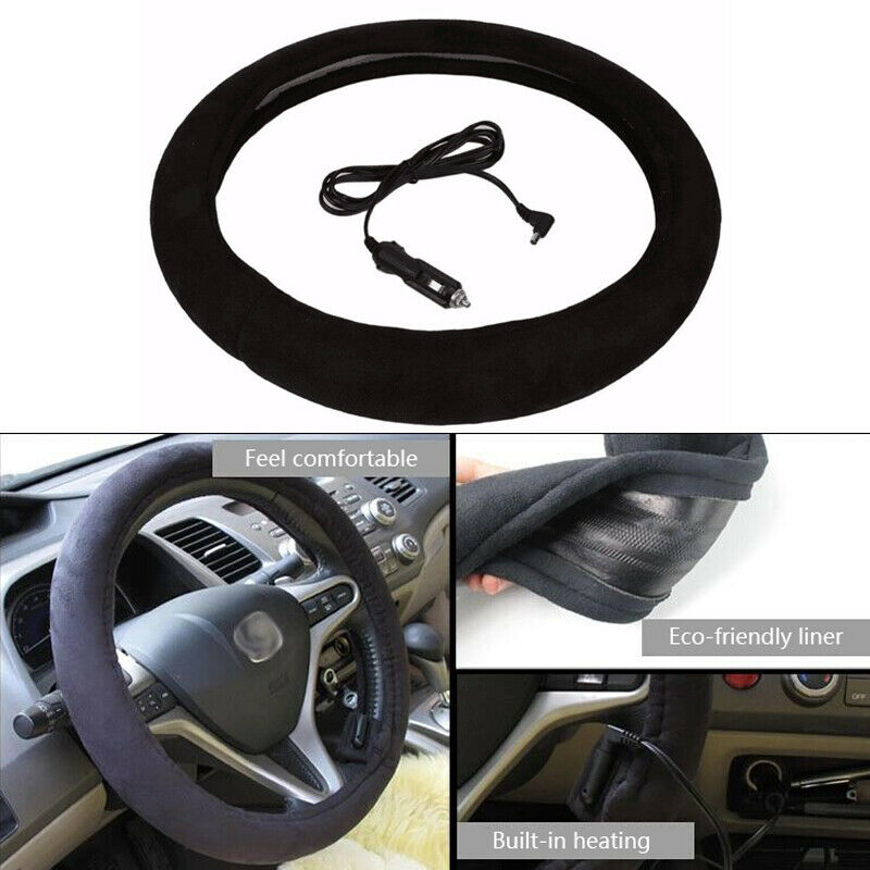 Car Winter 38cm 15" Heated Steering Wheel Cover Heating Warm+ Lighter Plug Black