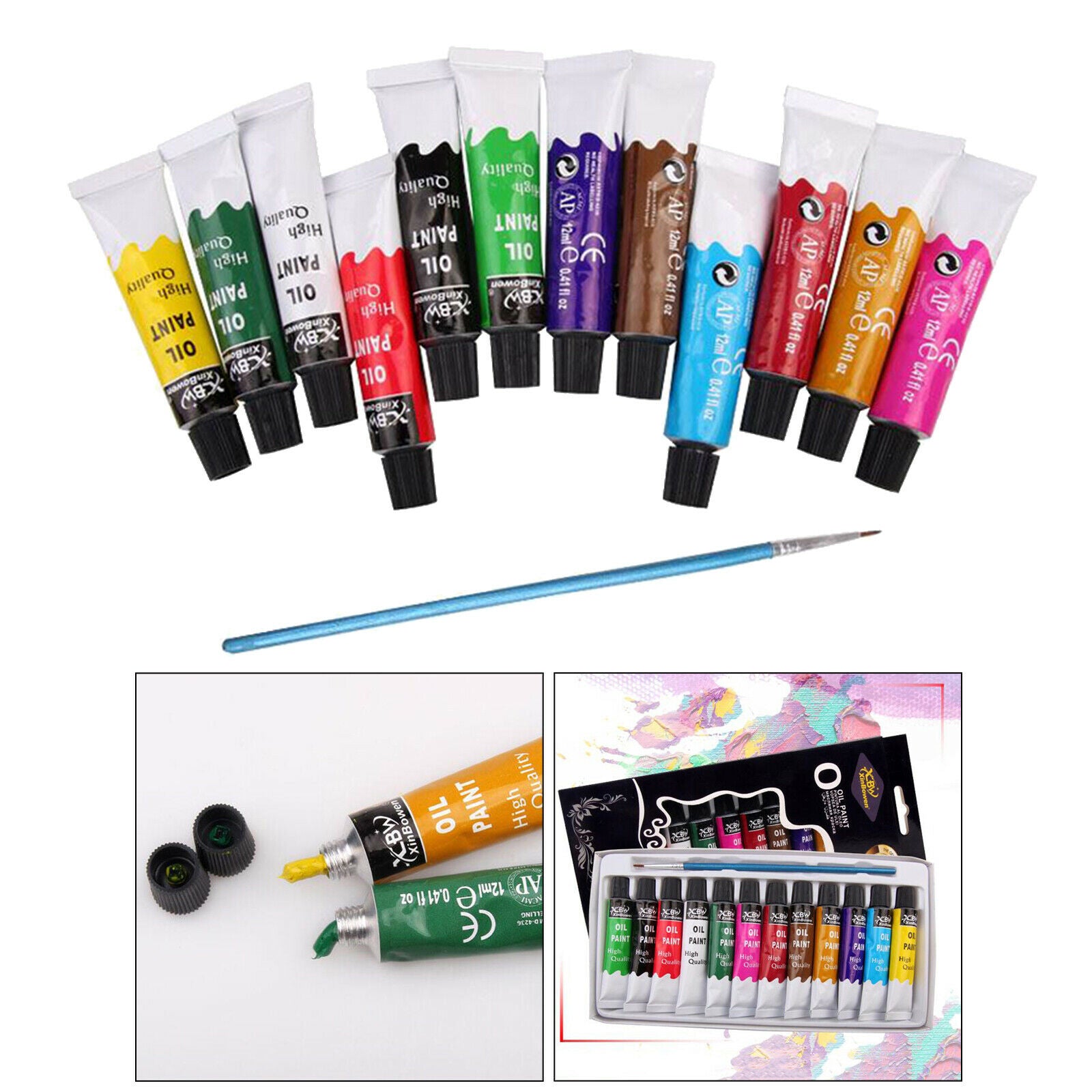 Oil Paints Tubes Set Artists Beginners Paint Pigment Rich Vivid Canvas Brush