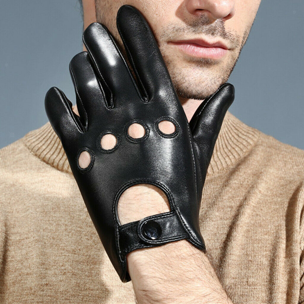 Men Retro Black Leather Driving Gloves Lined Screen - Black, M