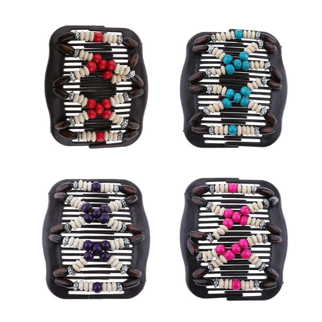 Wooden Beads Double Hair Comb Clip Red