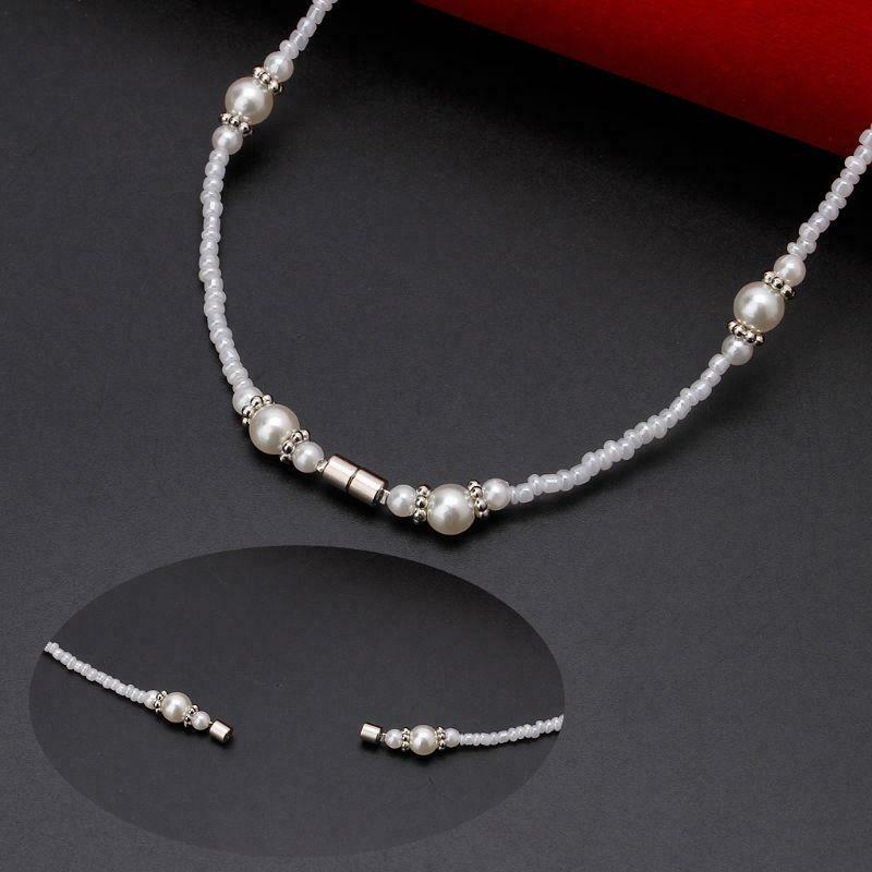 White Pearls Bead ID Badge Holder Lanyard Necklace with Magnetic Breakaway Clasp