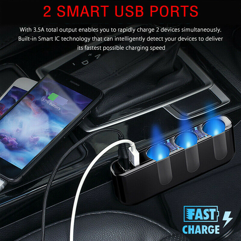 3Way 12/24V Charger Dual USB Car Cigarette Lighter Socket Power Adapter Splitter