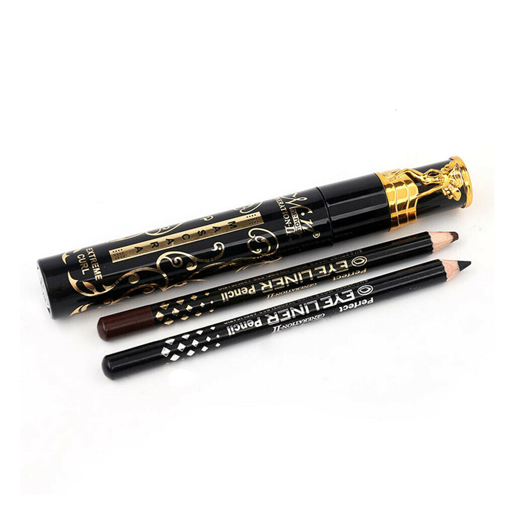 Black Super Long Fiber Curling Mascara Eyelash Extention + Eyeliner Pencils