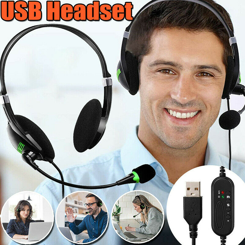 USB Wired Computer Headset Headphone with Microphone for Windows PC Laptop