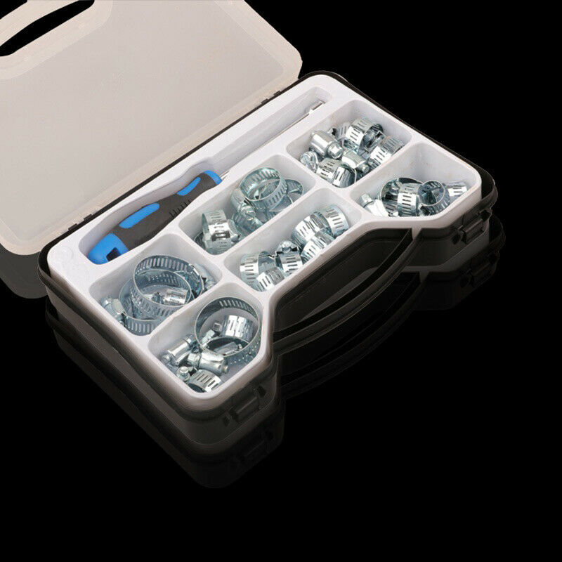 40Pcs Hose Clamp Stainless Steel Single Ear Clip Rings 7-44mm w/Screw Driver Box