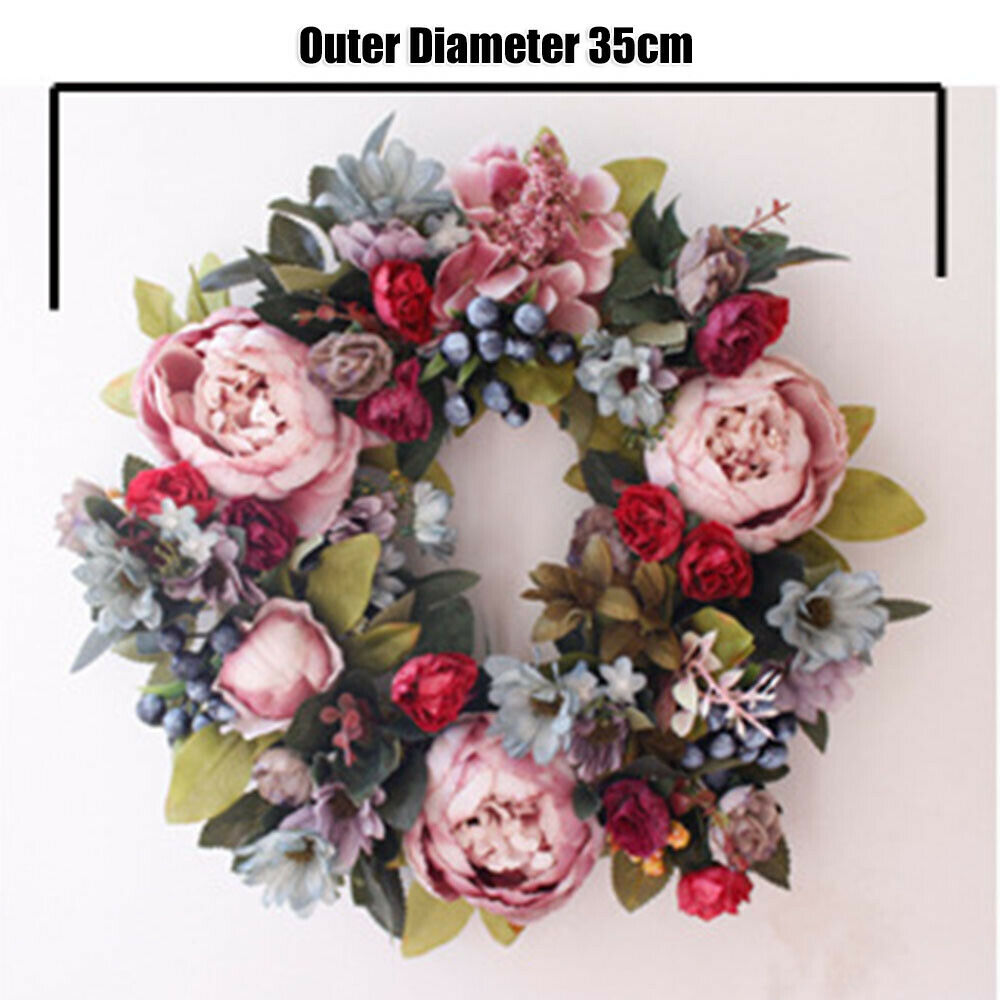 Artificial Peony Flower Summer Wreath Green Leaves Front Door Indoor Wall Decor