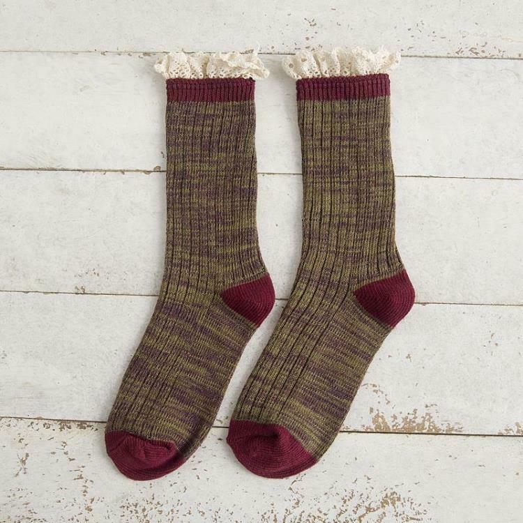 3 Pairs Women's Socks Cotton Blend Lace Ruffle Two Tones Knit Socks Thick Winter