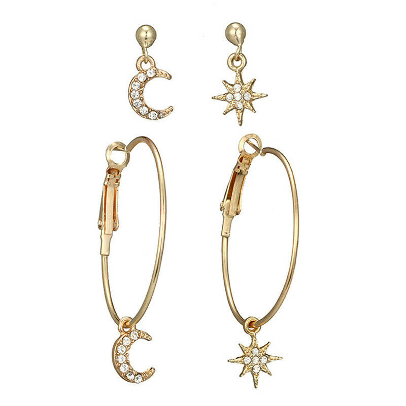 4X Bohemian Large Circle Earrings Ear Clip Crystal Moon Star Stud Jewelry LDU Xz